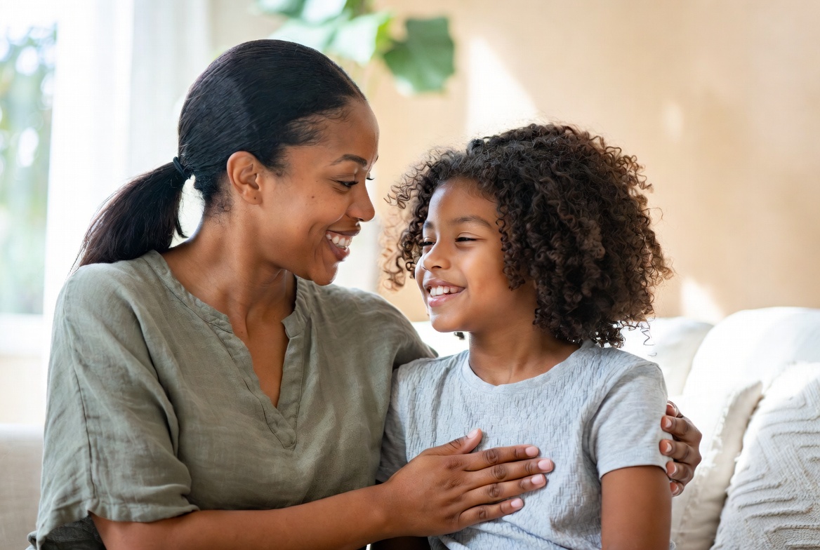 A parent and child smiling together in a calm, warm moment